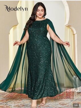 SHEIN Emerald Green Sequin Cape Gown